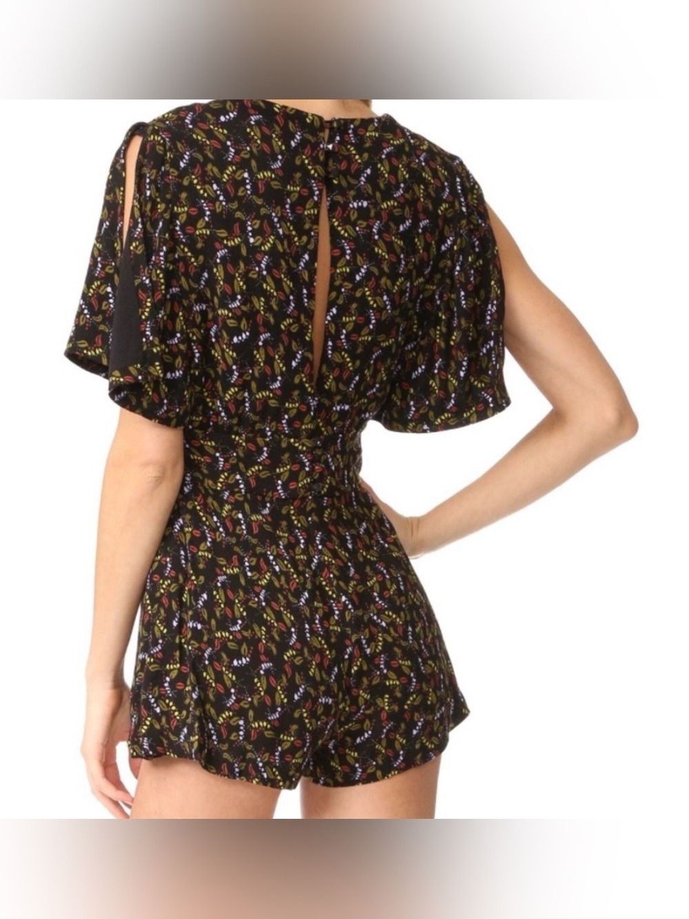 Free People Meet Virginia Floral Romper Black Boho Flutter Sleeve Size 4 NWOT - Picture 4 of 15